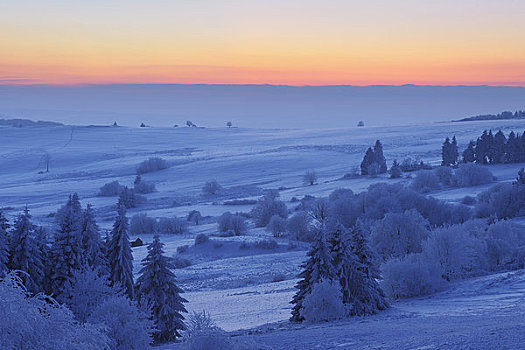 积雪,风景,日落,山峦,黑森州,德国