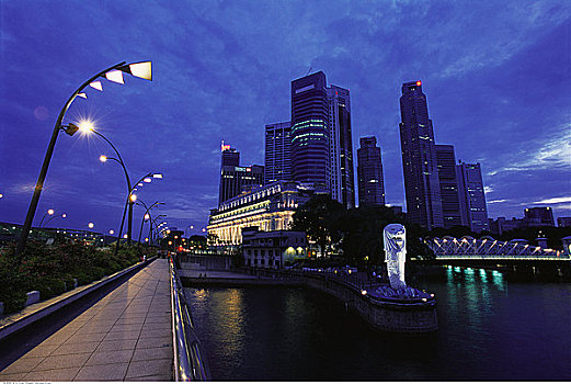 城市,鱼尾狮,黄昏,新加坡
