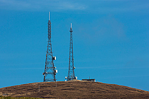 两个,信号发射塔,蓝天,设得兰群岛,苏格兰