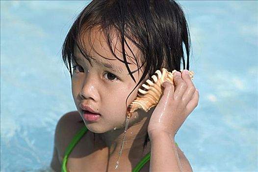 泰国,五个,亚洲人,女孩,游泳池,海贝