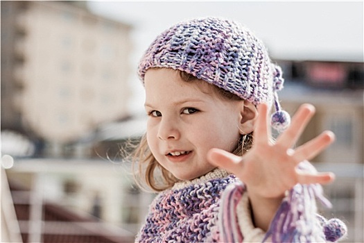 紫色,贝雷帽,女孩,手指