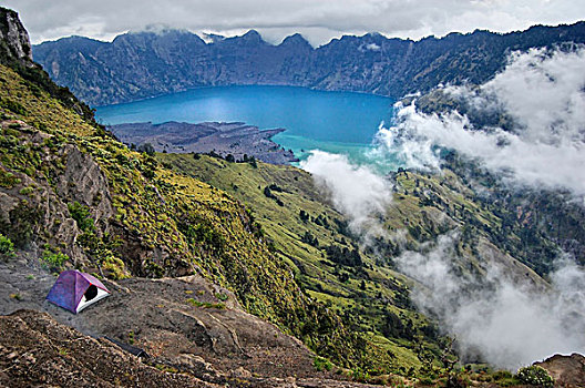 印度尼西亚,龙目岛,露营,火山,火山口,边缘