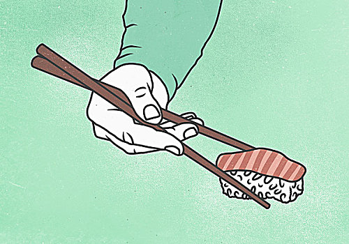 插画,男人,握着,寿司,筷子,彩色背景