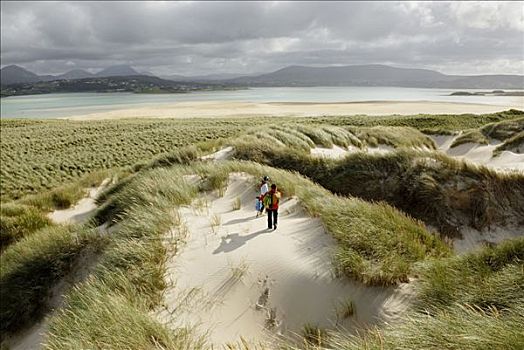 远足,沙滩,沙丘,岸边,退潮,多纳格,爱尔兰