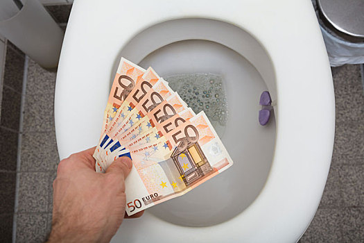 男人,手,投掷,50欧元,钞票,卫生间
