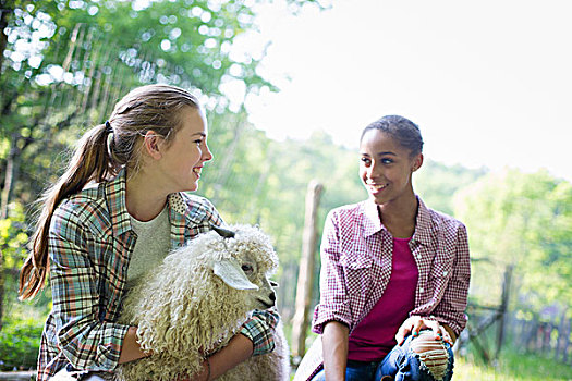 两个女孩,农场,户外,一个,抱臂,绒毛状,毛发,安哥拉山羊
