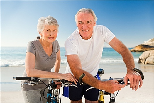退休,情侣,自行车,海滩