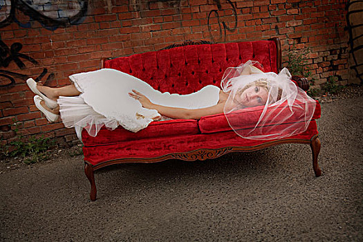 新娘,躺着,红色,沙发,户外