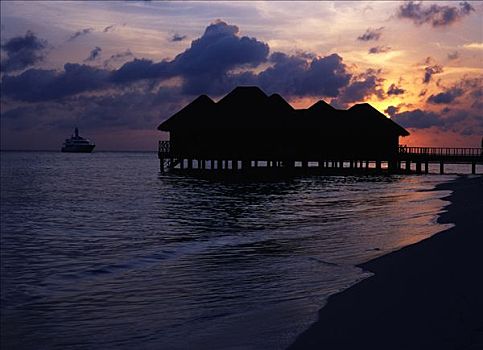 水,别墅,日落,马尔代夫,印度洋