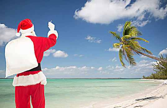 圣诞节,休假,旅行,人,概念,男人,服饰,圣诞老人,包,文字,背影,上方,热带沙滩,背景