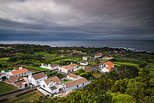 葡萄牙,亚速尔群岛,岛屿,俯视图,城镇,火山地貌