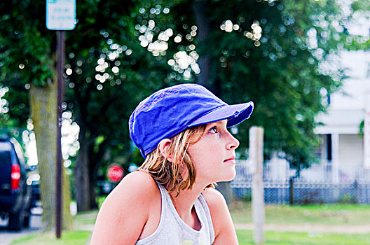 侧面,女孩,头像,公园,戴着,棒球帽