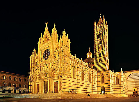 锡耶纳,大教堂,特写,著名地标,中世纪,城镇,夜晚,意大利