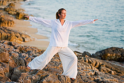 女人,练习,瑜珈,海滩,泰国