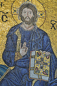镶嵌图案,祝福,耶稣,12世纪,南,画廊,圣索菲亚教堂,伊斯坦布尔,土耳其,欧洲