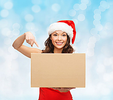 圣诞节,冬天,休假,递送,人,概念,微笑,女人,圣诞老人,帽子,包裹,盒子,上方,蓝色,背景