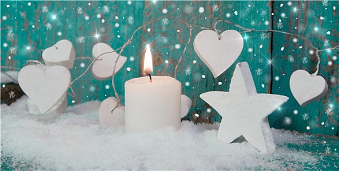 圣诞蜡烛,白色,青绿色,心形,木头,雪,装饰