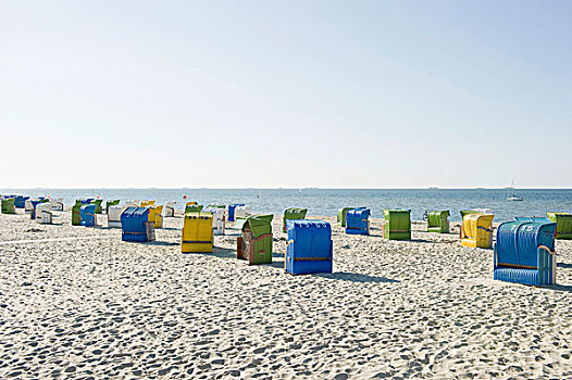彩色,屋顶,海滩藤椅,海滩,北方,石荷州,德国,欧洲