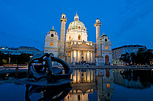 卡尔教堂,教堂,夜晚,维也纳,奥地利,欧洲