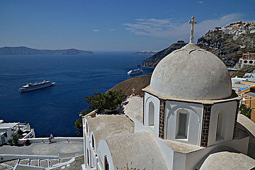 边缘,屋顶,锡拉岛,教堂,正面,基克拉迪群岛,希腊群岛,希腊,欧洲