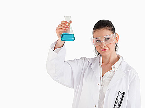 深色头发,科学家,拿着,蓝色,长颈瓶