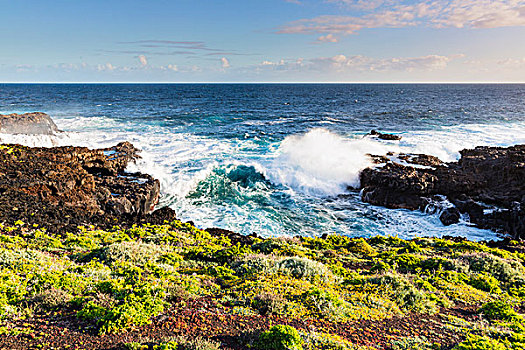 波浪,岩石海岸,加纳利群岛,西班牙
