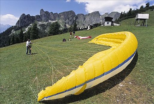 滑翔伞,准备,山峦,阿尔卑斯山,奥地利,欧洲