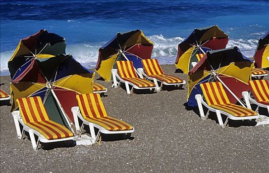 折叠躺椅,海滩,罗德岛,希腊,欧洲