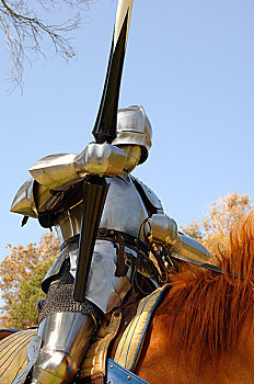 中景,15世纪,英国,骑士,满,护甲,拿着,骑马