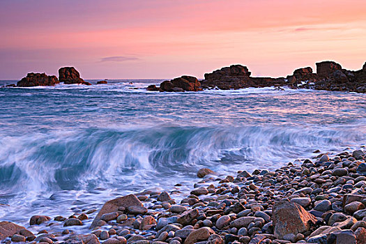 岩石海岸,黎明,布列塔尼半岛,法国