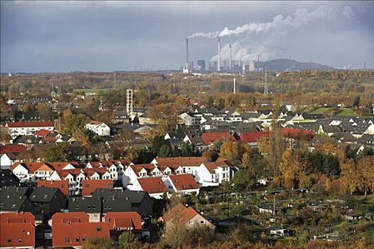 住宅区,火力发电站,背景,博特罗普,北莱茵威斯特伐利亚,德国,欧洲