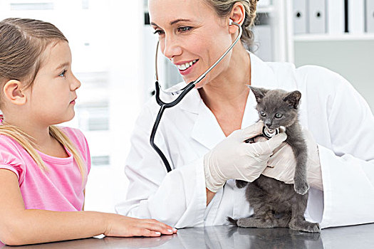 兽医,检查,小猫,女孩