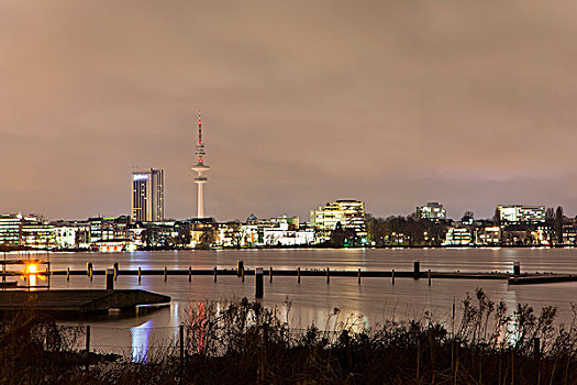 河,汉堡市,夜晚