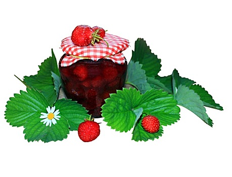 罐,果酱,草莓,绿叶,白色背景