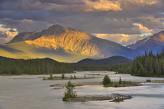 河,流动,山,背景,阿萨巴斯卡河,碧玉国家公园,艾伯塔省,加拿大