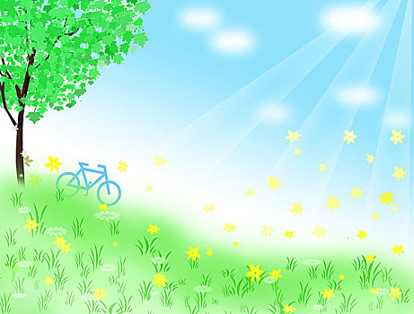 插画,背景,野外,树,草地,野花,自行车