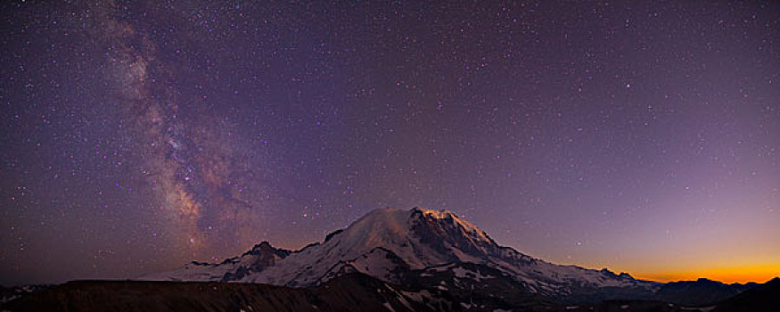 美国,华盛顿,全景,看,心形,银河,星座,射手座,山,雷尼尔山,西部,夕阳,日出,国家公园,大幅,尺寸