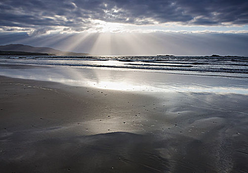 日落,上方,海滩,戈尔韦郡,爱尔兰