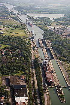 航拍,运河,船,锁,远景,桥,托罗尔德,安大略省,加拿大
