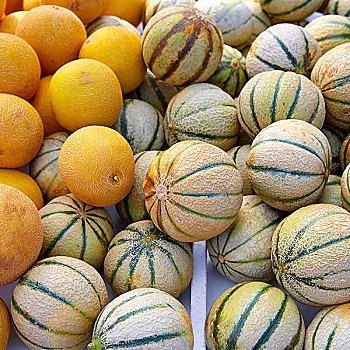 哈密瓜,黄色,甜瓜,市场,一堆