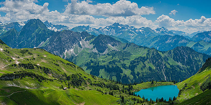 山脉全景,湖,左边,后面,阿尔卑斯山,巴伐利亚,德国,欧洲