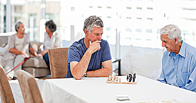 老人,玩,下棋,在家