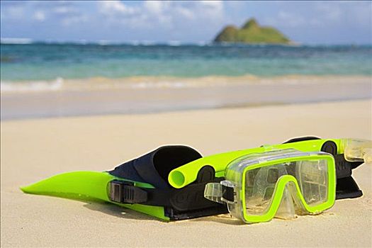 夏威夷,瓦胡岛,通气管,面具,鳍,休息,沙,热带沙滩,背景