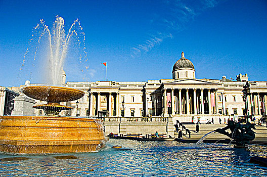 英格兰,伦敦,特拉法尔加广场,喷水池,国家美术馆,背景