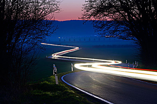 光影,弯曲,乡间小路,夜景,长时间曝光,萨克森安哈尔特,德国,欧洲