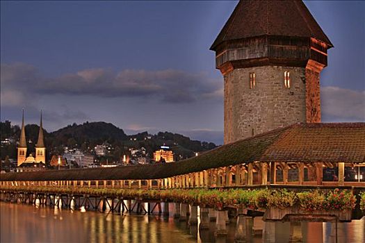 历史,桥,水塔,霍夫教堂,教堂,背景,瑞士