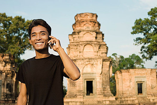 男人,手机,正面,吴哥,庙宇,收获,柬埔寨
