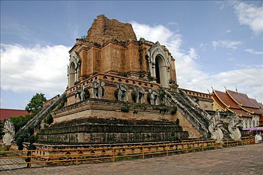 佛塔,雕塑,寺院,契迪,庙宇,清迈,泰国,亚洲