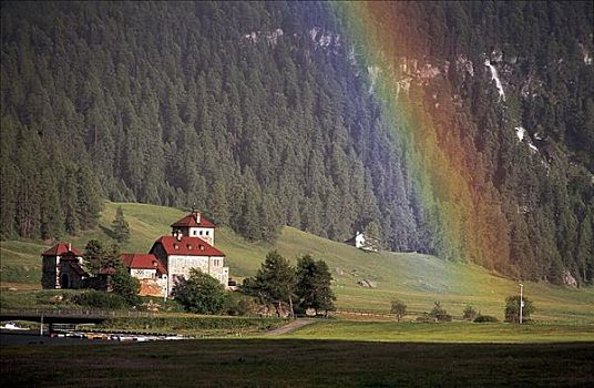 城堡,粪便,彩虹,恩加丁,格劳宾登州,瑞士,欧洲