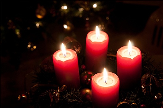 圣诞节,降临节花环,燃烧,蜡烛